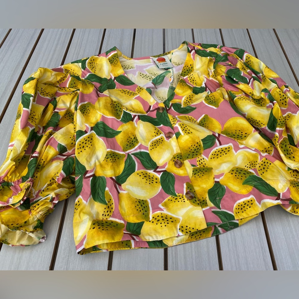 FARM Rio Yellow Pink Lemon Print Puff Sleeve Blouse - Picture 3 of 5